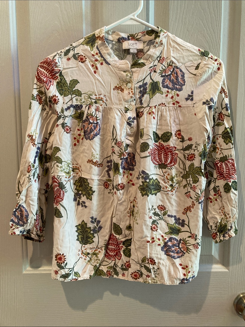 LOFT Cream Floral Button-Up Blouse with Multicolor Print